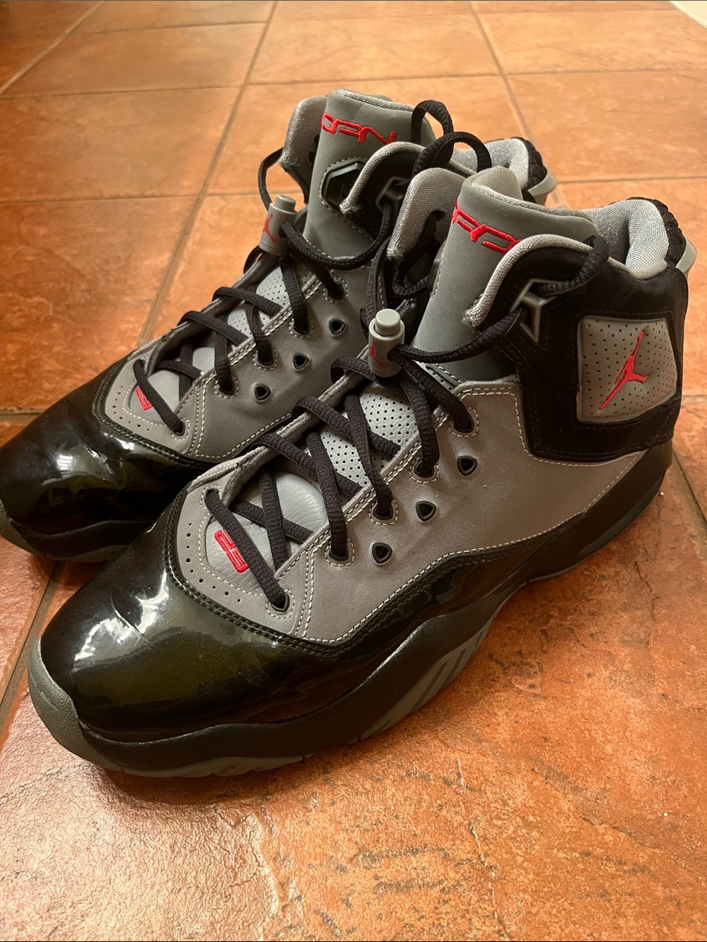 Jordan Men’s High-Top Sneakers in Gray, Black & Red